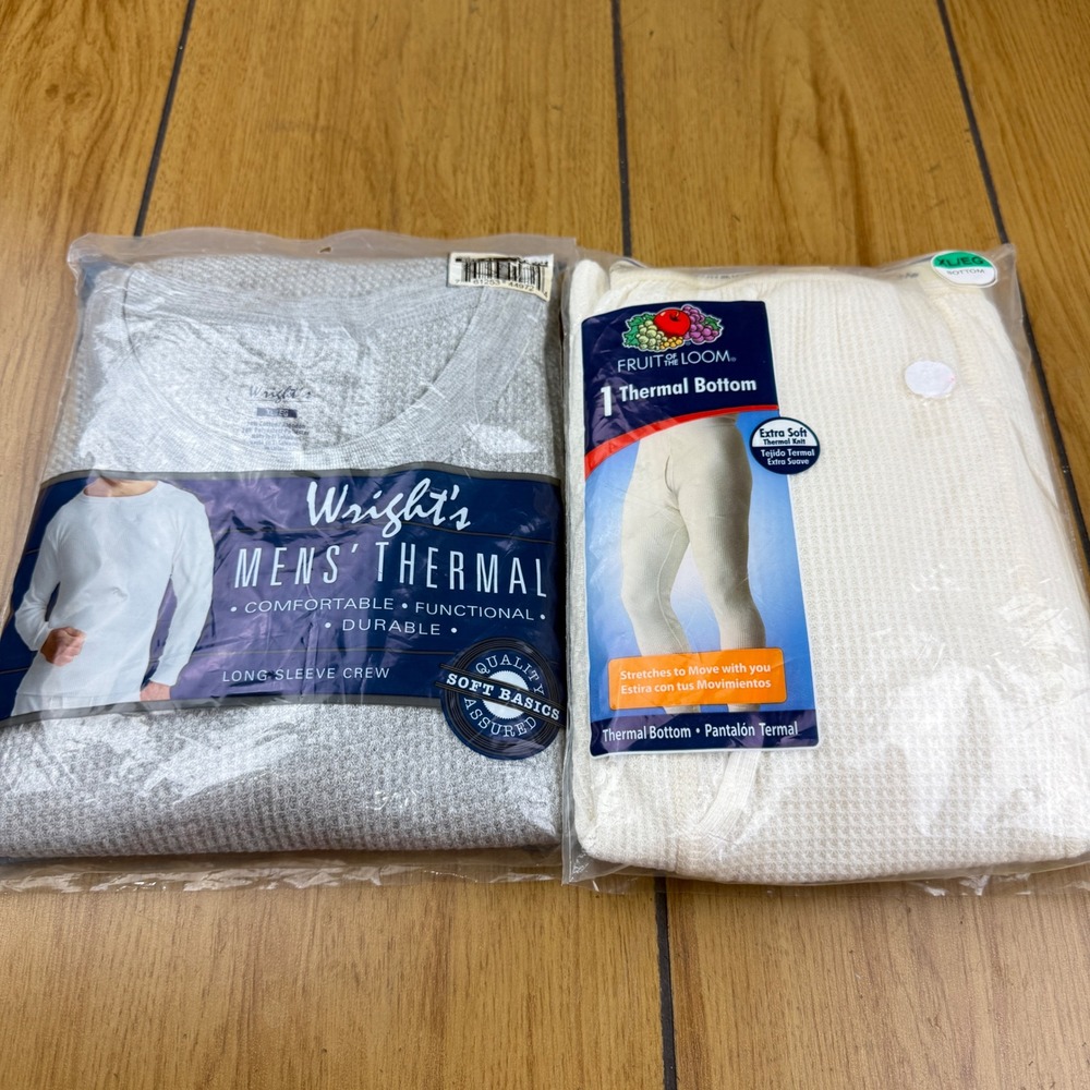 Wrights & Fruit of the Loom Mens Thermal Set XL Grey Top Cream Bottoms 2pc NIP